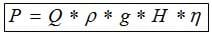 Calculation to determine how much power a water turbine can generate where P = Q * ρ * g * H * η https://greener4life.com